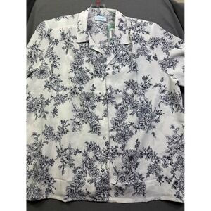 National Women 2X Floral Button Down Blouse Black White Short Sleeve Top 22968